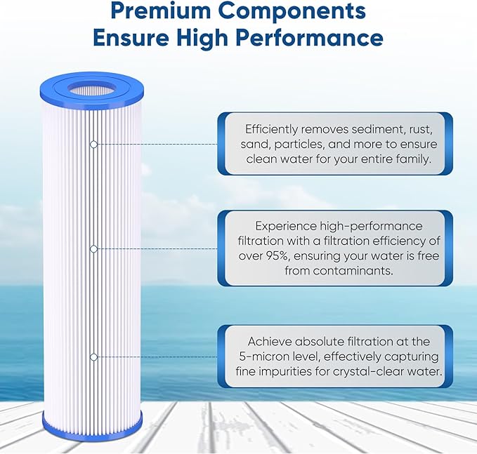 PUREPLUS 5 Micron 10"x2.5" Whole House Pleated Sediment Filter for Well Water, Replacement Cartridge for Universal 10 inch RO System, W50PE, WFPFC3002, SPC-25-1050, FM-50-975, 801-50, WB-50W, 4Pack