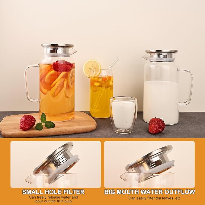 Glass Pitcher with Lid, 1200ml Leak Proof,Glass Water Jugs, BPA-Free,Microwave & Dishwasher Safe Pitcher,Sun & Iced Tea, Sangria,Cold Brew Coffee & More