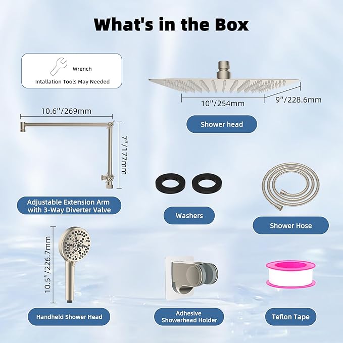 iFealClear Metal Rain Shower Head, 10” High Pressure Rainfall Shower Head with Handheld Spray Combo, 10-Spray Handheld Built-in Power Wash, 16" Shower Extension Arm, 3-Way Diverter, Brushed Nickel