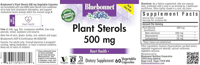 Bluebonnet Nutrition Plant Sterols 500mg Heart Health Supplement for Men & Women* - Non-GMO Beta-Sitosterol from Sunflower Oil - Vegan, Gluten-Free - 60 Vegetable Capsules