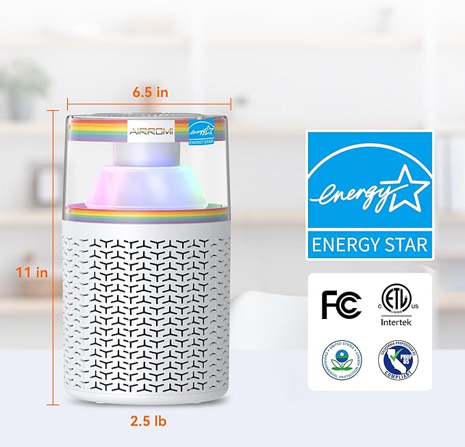 AIRROMI Air Purifiers for Bedroom Home,Up to 658 Ft²,Activated Carbon Filter Cleaner,With Fragrance Sponge for Better Sleep,Night Light,Pet Dander,Allergies,Smoke,Odor,Desktop Air Cleaner A2002Rainbow