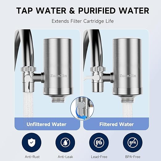 Stainless Steel Water Filter for Sink Faucet, Water Purifier for Kitchen Sink, Reduces PFAS, Lead, Chlorine & Microplastics, 350 Gallons Long-Lasting for Kitchen & Bathroom, 2 Filters