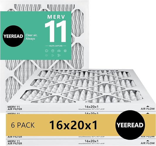 16x20x1 Air Filter, MERV 11, 6-Pack | Actual Size 15.7x19.7x0.75 |Compatible with HVAC, Air Conditioners & Furnaces– High Particle Capture & Smooth Airflow