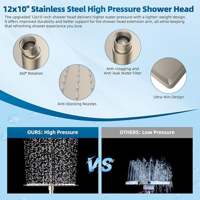 Hibbent All Metal Shower Head, 12'' High Pressure Rain Shower Head/Handheld Showerhead Combo with 16'' Adjustable Arc-shaped Extension Arm, 10 Sprays, 71'' Hose, Showerhead Holder, Brushed Nickel