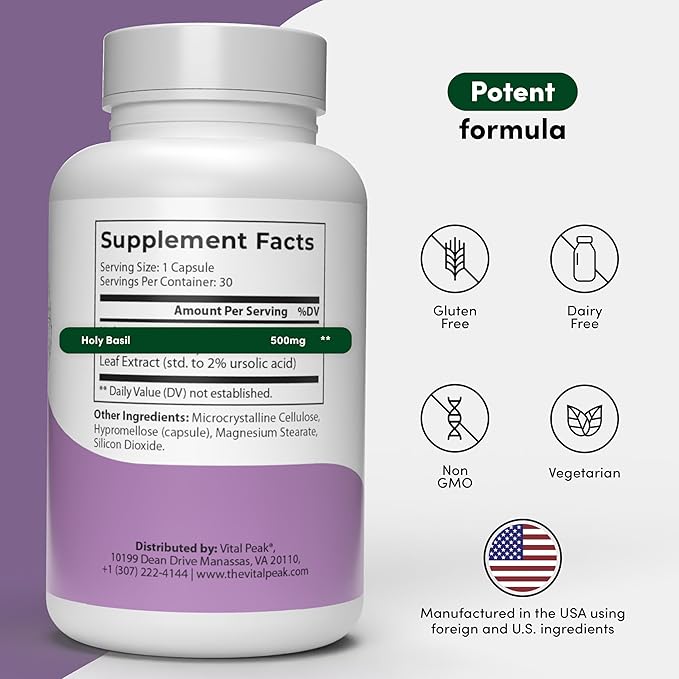 Holy Basil 500 mg - Mood & Relaxation Support - Tulsi Supplements for Women & Men - Vegan, Gluten Free, Dairy Free, Soy Free Non-GMO - 30 Capsules
