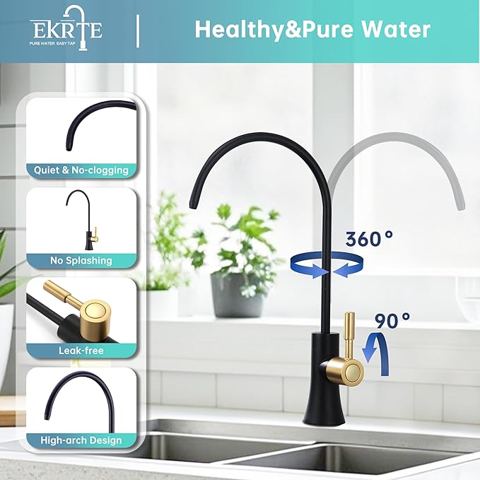 EKRTE Drinking Water Faucet for Kitchen Sink, Filtered Water Reverse Osmosis RO Faucet, Solid Brass,Non-Air Gap, Matte Black and Champagne Gold