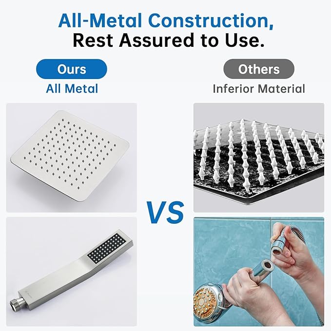 G-Promise All Metal 8 Inch Dual Square Shower Head with Handheld Spray Combo, Rain Shower Head, Adjustable Extension Arm, 3-Way Diverter, 71 Inch Extra Long Hose - A Bathroom Upgrade (Brushed Nickel)