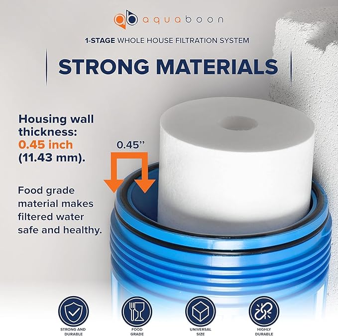 Aquaboon 3-Stage Whole House Water Filter System with Chlorine & Sediment Reducing 20x4.5 Water Filter Cartridges, Gauge & Release, Wrench, Bracket