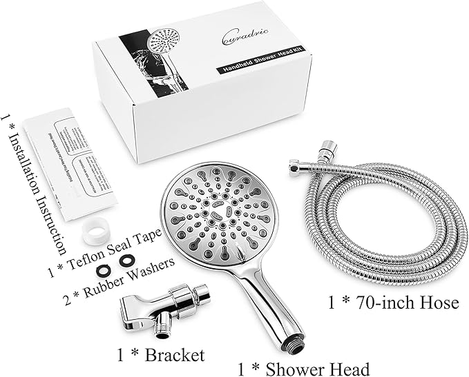 Handheld Shower Head, 6" Chrome Face 6 Spray Setting Shower Head with High Pressure, Brass Swivel Ball Mount and Extra Long Flexible Stainless Steel Hose