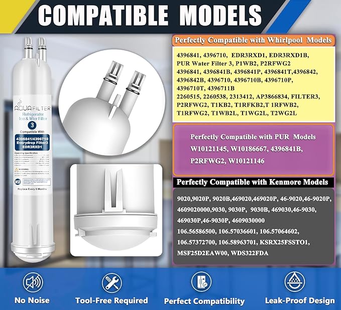 FILTER3 4396841 Refrigerator Water Filter Replacement Compatible with 4396841 4396710 EDR3RXD1 EDR3RXD1B Filter 3 P1WB2 P2RFWG2, 46-9030, Pur W10121145 W10121146 (1-PACK)