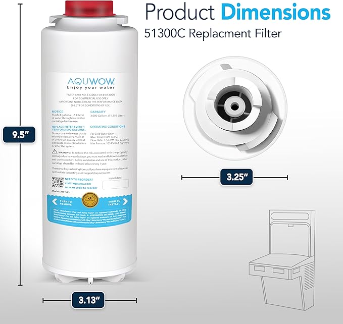 Replacement Water Filter For Premium Filtration – Compatible with Elkay 51300C, 55898C, ERF750, EWF3000 – No Chip, Extended Service Life (3, 9")