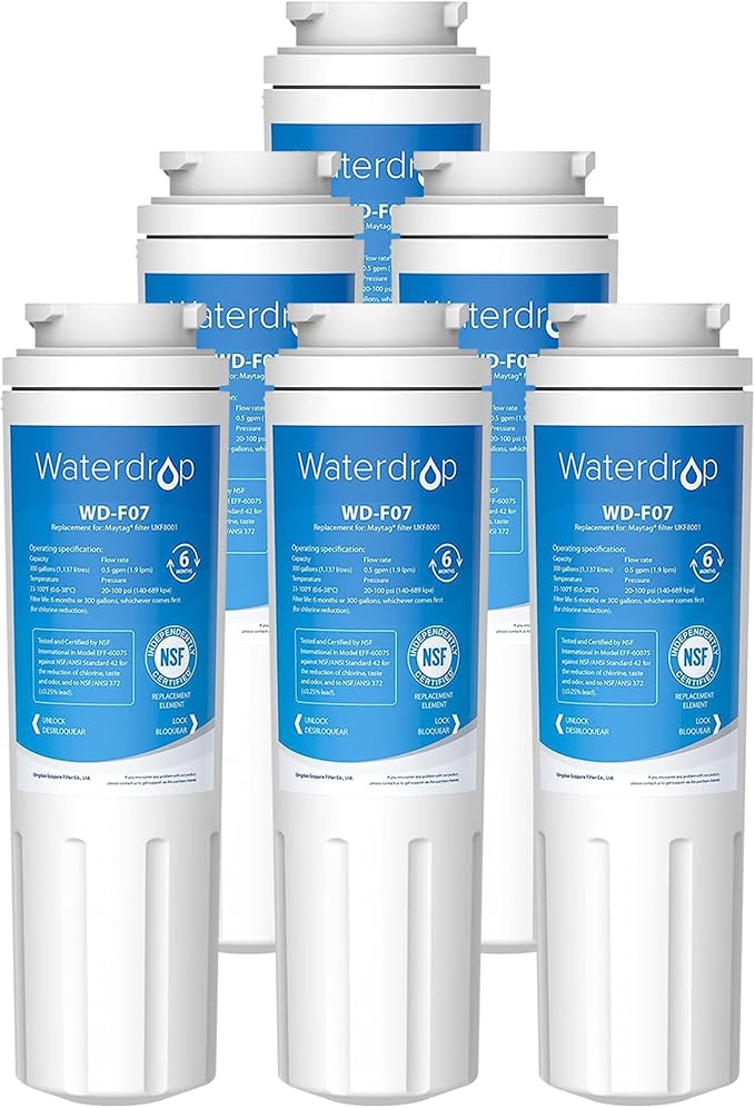 Waterdrop UKF8001 Refrigerator Water Filter 4, Replacement for Whirlpool® EDR4RXD1, EveryDrop® Filter 4, Maytag® UKF8001AXX-750, UKF8001AXX-200, 46-9006, Puriclean II, WF-UKF8001, 6 Filters
