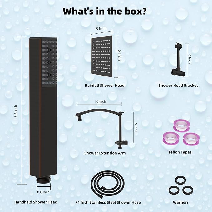 Hibbent All Metal 8'' Rainfall Shower Head, Shower Head Combo, High Pressure Handheld Shower Wand, 4 Sprays, 16'' Adjustable Arc-shaped Extension Arm, 71'' Hose, Showerhead Holder, Oil Rubbed Bronze