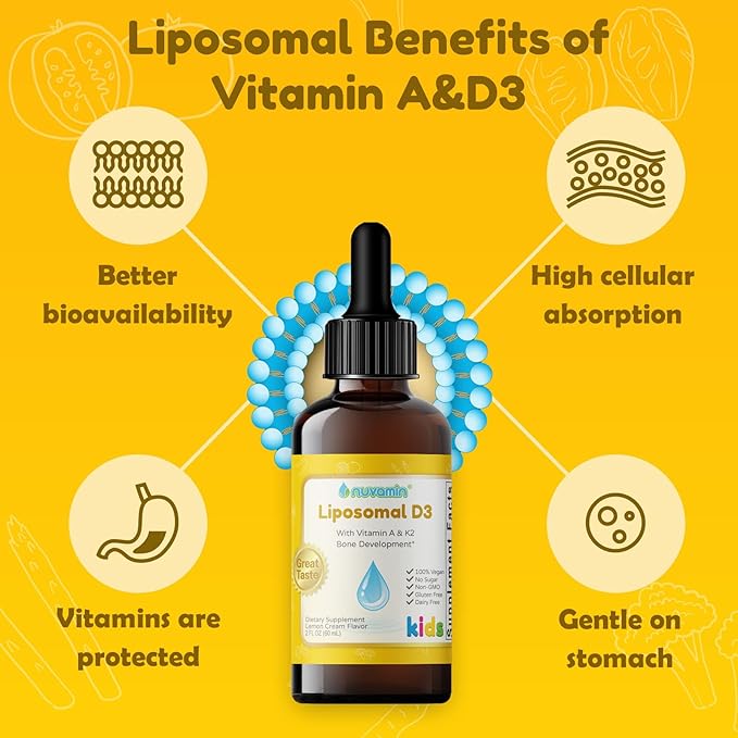 Nuvamin – Liquid Liposomal Vitamin A & D3 Drops with K2 for Baby Toddlers Kids & Adults, 800 IU/mL, 2 Fl.Oz (60ml), 120 Daily Serving, Great Taste - All Natural - Superior Absorption, Lemon Flavor