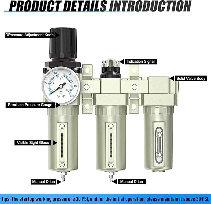 Heavy Duty Industrial Grade 1/2" NPT 3 Stage Air Drying System,Coalescing Filter, Particulate Filter, Desiccant Dryer and Air Regulator, Manual Drain, For Plasma Cutter and Paint Spray