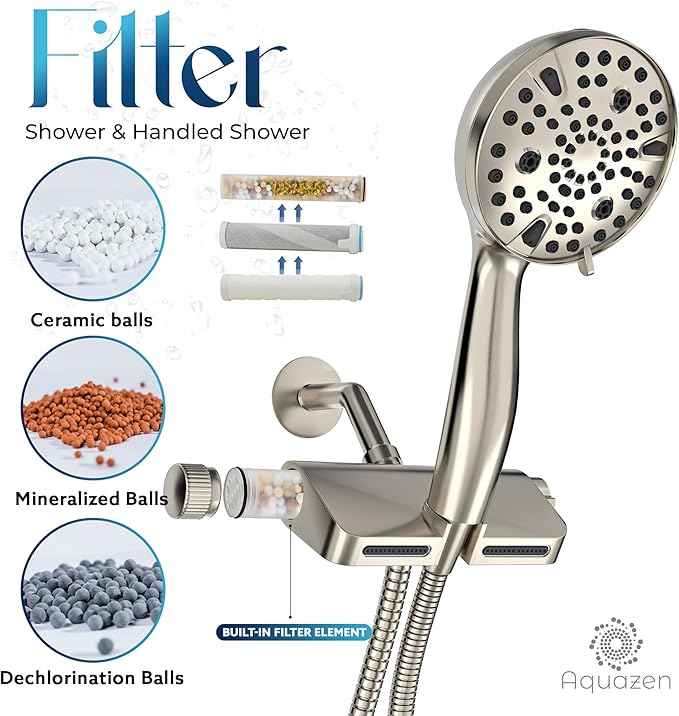 AQUAZEN® Filtered Shower Head with 8-Layer Handheld Filter | High Pressure | 10 Spray Modes | US Standard | Premium Brushed Nickel Finish | 5ft Hose | Easy Install