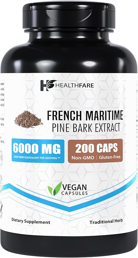 French Maritime Pine Bark Extract 6000mg | 200 Vegan Capsules | 95% Proanthocyanidins | Non-GMO | Gluten-Free | Made in The USA
