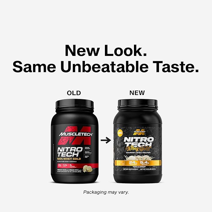 Muscletech Whey Protein Powder (French Vanilla Cream, 2LB) - Nitro-Tech Whey Protein Isolate Smoothie Mix for Lean Muscle & Recovery - 24g of Whey Gold Protein for Women & Men - Packaging May Vary