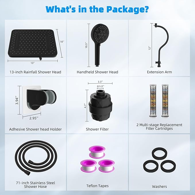 Hibbent Upgraded 5-spray 13'' Dual Filtered Rainfall Shower Head Combo, High Pressure 10-setting Handheld Shower Head with 12'' Adjustable Extension Arm, 20 Stage Shower Filter, 71'' Hose, Matte Black