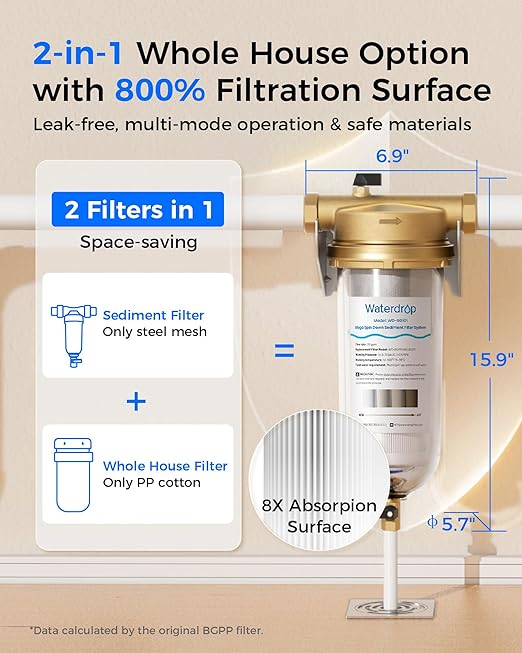 Waterdrop Mega Spin Down Sediment Filter, Reusable Whole House Water Filter System, 100+5 Micron Pleated PP Filter Sediment Water Filter with Bypass for City Water, 1" MNPT + 3/4" FNPT, BPA Free