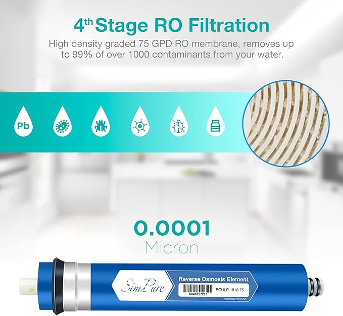 SimPure 5-Stage Reverse Osmosis Replacement Filter Set with 75 GPD RO Membrane, 5pc Pre & Post Replacement Cartridge Pack Kit for Standard 5-Stage Reverse Osmosis RO Systems
