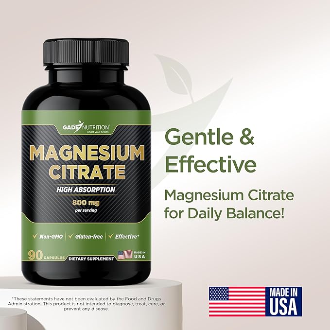 Gade Nutrition Pure Magnesium Citrate Supplement | Calm Magnesium for Sleep | Nature Made Magnesium in Veggie Capsules | Citrato de Magnesio | Magnesium Supplement Made in USA