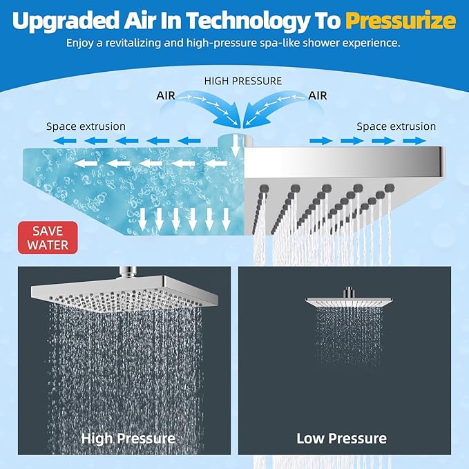 Hibbent Thickness Metal Rain Shower Head, 8 Inch High Pressure Rainfall Shower Head, Square Bathroom Waterfall Shower Heads, High Flow Fixed Showerheads with Adjustable Brass Ball Joint, Chrome