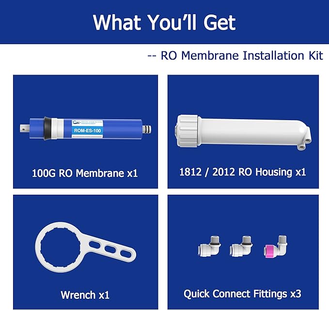 100 GPD RO Membrane Filter Replacement with Reverse Osmosis Membrane Housing, Wrench, 1/4" Quick-Connect Fitting, Check Valve, Fit Under Sink RO Home Drinking Water Filter Filtration Purifier System
