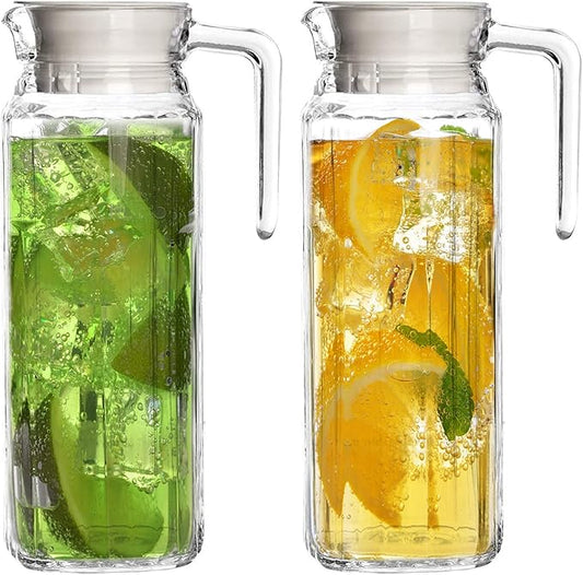 Glass Pitcher with Lid – Set of 2 34Oz Glass Water Pitcher – Cold Water Carafe For Ice Tea, Lemonade, Coffee – Elegant and Modern – Practical Spout Pitchers for Drinks