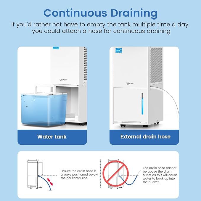 1,500 Sq.Ft Energy Star Dehumidifier for Basement with Drain Hose, 22 Pint 2019 DOE DryTank Series Dehumidifiers for Large Room, Suit for Garden Hose, Intelligent Humidity Control, 24H Timer