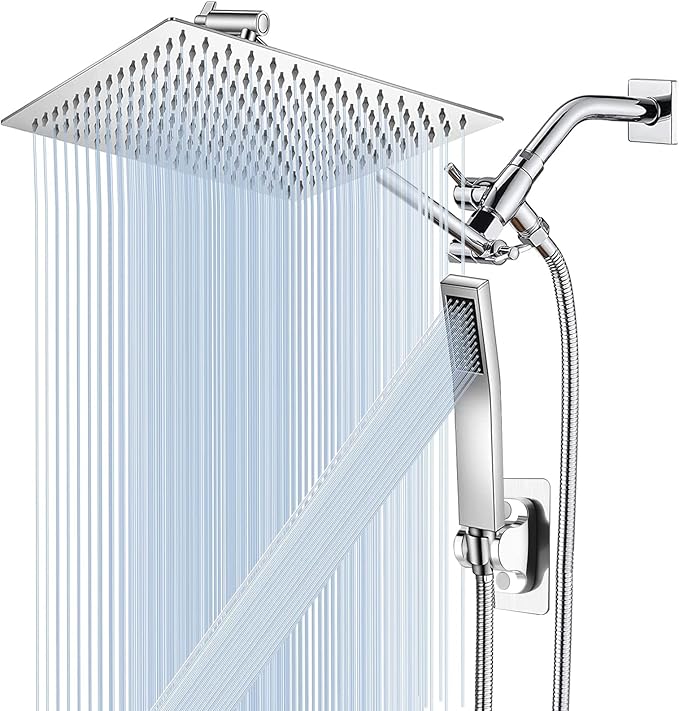All Metal 12'' Rain/Rainfall Shower Head with Handheld Spray Combo, High-Pressure Square Shower Head with 13'' Extension Arm, Dual Chrome Shower Heads with 78'' Hose, Waterfall Showerhead
