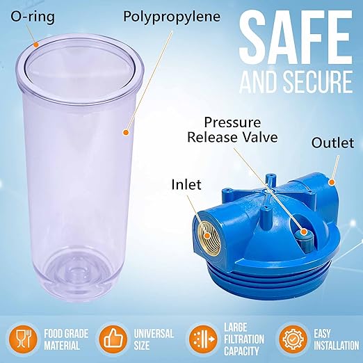 10 Inches Transparent Standard Whole House Water Filter System with Presser Relief Valve, 3/4” Inlet/Outlet Brass Port and Yearly Supply (3) Block Activated Carbon Cartridges 5 Micron