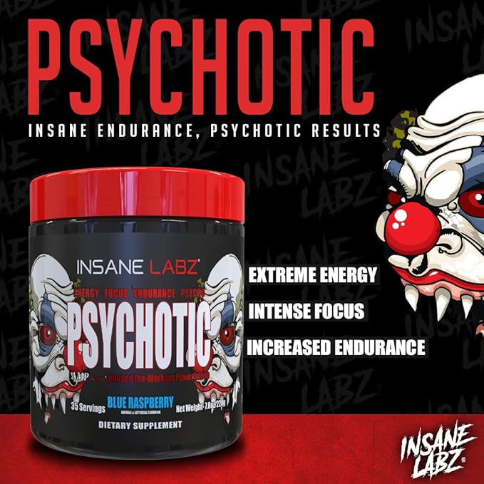 Insane Labz Psychotic, High Stimulant Pre Workout Powder, Extreme Lasting Energy, Focus and Endurance with Beta Alanine, Creatine Monohydrate DMAE, 35 Srvgs (Gummy Candy)