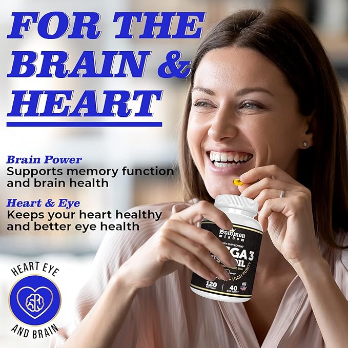 SOLOMON WISDOM Omega 3 Fish Oil - Dietary Supplement for Healthy Heart & Brain - 120 Soft Gel Capsules with High EPA 1200mg & DHA 900mg - Burpless, Odorless with Natural Lemon Flavor