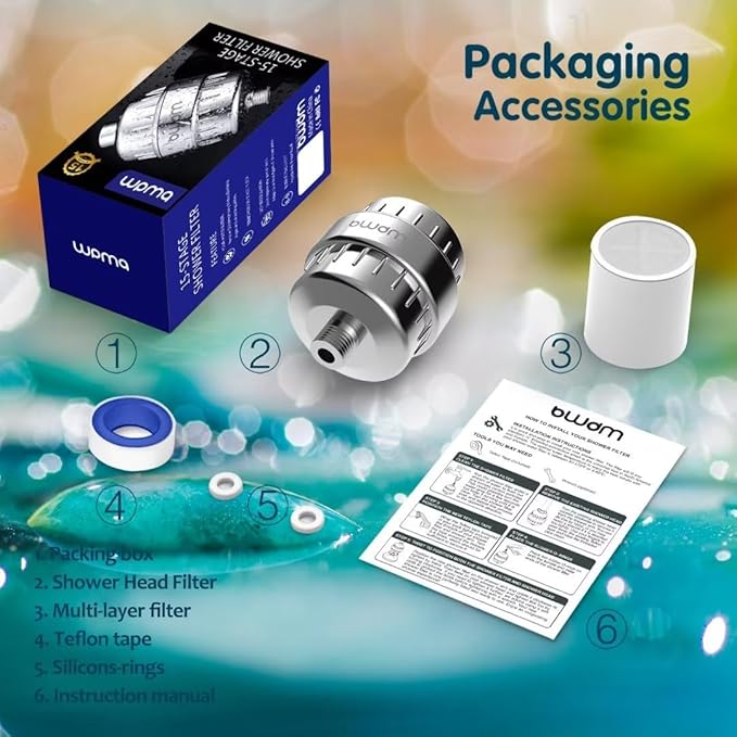 15 Stage Shower Filter - Shower Head Filter - bwdm Hard Water Filter, Remove Chlorine Heavy Metals and other Impurities, Vitamin C Water Softener Reduces Dry Itchy Skin, Dandruff (Chrome)