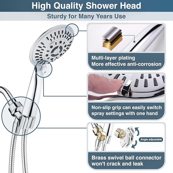 BRIGHT SHOWERS 9 Spray Settings Shower Head with Handheld High Pressure Hand Held Showerhead with 60 Inch Stainless Steel Hose and Adjustable Overhead Bracket, Chrome