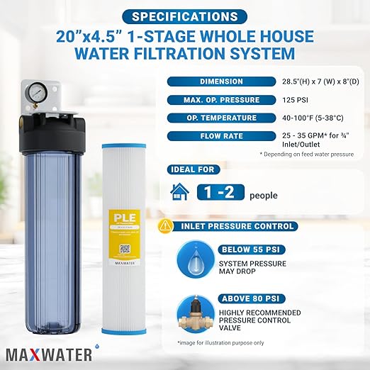 20 x 4.5 Whole House 1 Stage PP Pleated Sediment Filter System w/ 1" NPTF Port Housing Head Includes 10 Micron Pleated Sediment filter, Gauge & Bracket BB-20B WH100SP WDS150K CB1-CAB20-BB DB20P