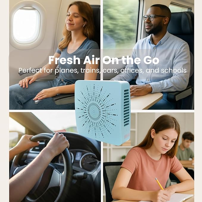 4-in-1 Portable Air Purifier HEPA Filter, Aroma, Ionizer & Mini Fan – USB-C Desktop Air Cleaner for Smoke, Pollen, Dander, Odors – 5 Colors for Bedroom, Office, Baby, Pets, Travel (Mist Blue)