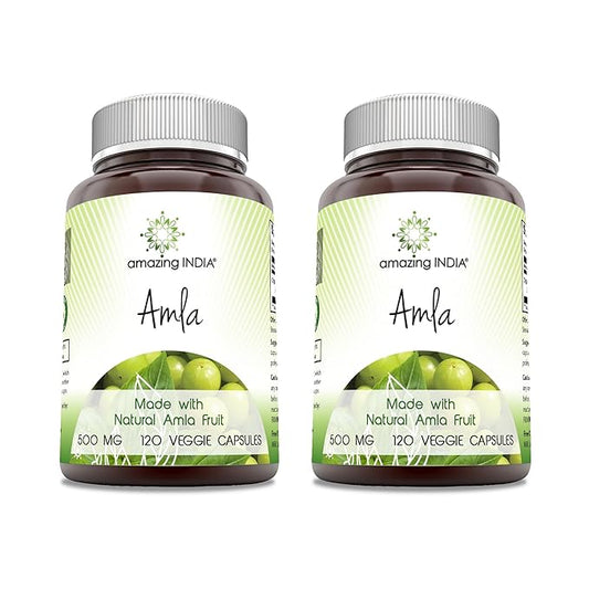 Amazing India Natural Amla 500 mg Per Serving Veggie Capsules Supplement | Non-GMO | Gluten Free | Ideal for Vegetarians | 120 Count | 2 Pack