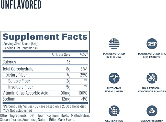 Revive MD Fiber Supplement for Digestive & Gut Health - 5g of Dietary Fiber Supports a Healthy Digestive System with Psyllium Husk & More - 30 Servings, Unflavored