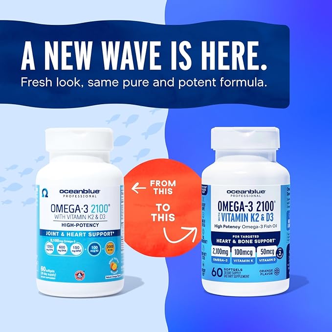 Oceanblue Professional Omega-3 2100 with Vitamin K2 and Vitamin D3-120 Count 2 Pack- Triple Strength Burpless Fish Oil Supplement with EPA, DHA & DPA - Wild Caught - Orange Flavor, 60 Servings