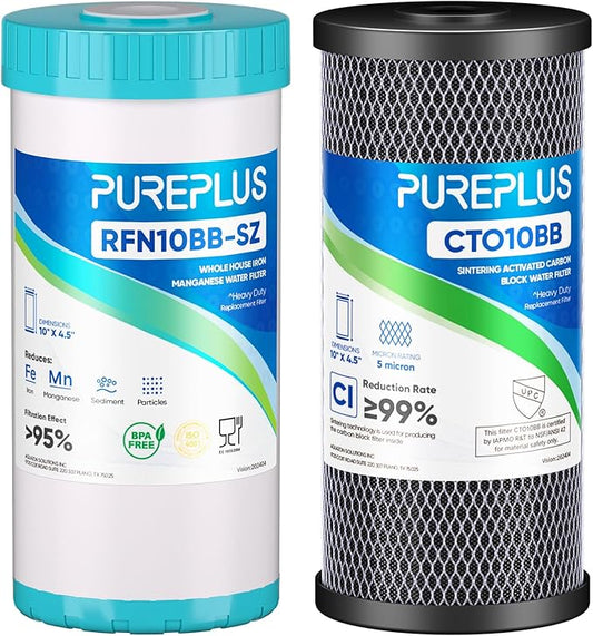 PUREPLUS 5 Micron 4.5"x 10" Whole House Water Filter Cartridge Combo Kit with Activated Carbon Block, and Iron Reduce Filter, Replacement for WFHDC8001, CB-BB-10, GE FXHTC, GXWH40L, GXWH35F, 1PACK
