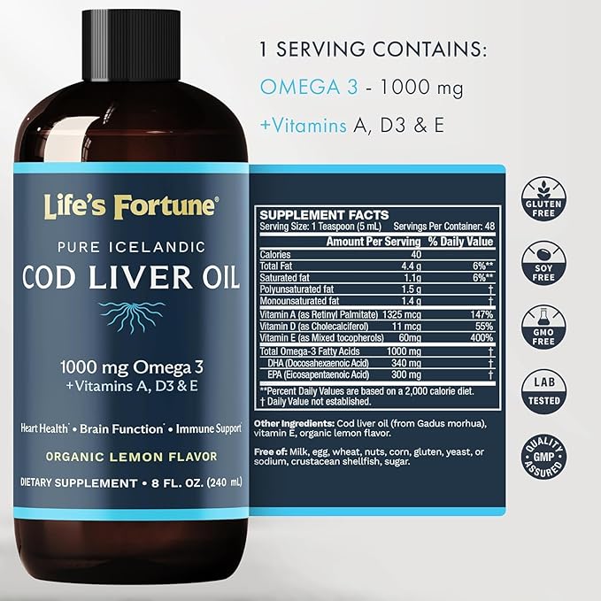 Life's Fortune Cod Liver Oil Liquid Lemon Flavor Organic Supplement with DHA, EPA 1000 mg High Potency Omega-3s + Vitamin A, E & D3 - Supports Immune, Joints, Eyes, 8 Fl Oz (Pack of 3)