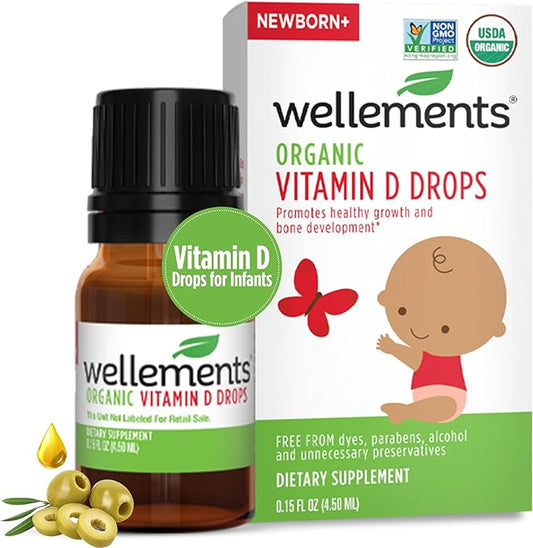 Wellements Baby Organic Vitamin D Drops for Infants & Toddlers (0.15 Fl Oz) - Certified Newborn+ Liquid Vitamin D3 Drops, Support Healthy Growth & Bone Development (1 Drop Daily & 400 IU Per Serving)