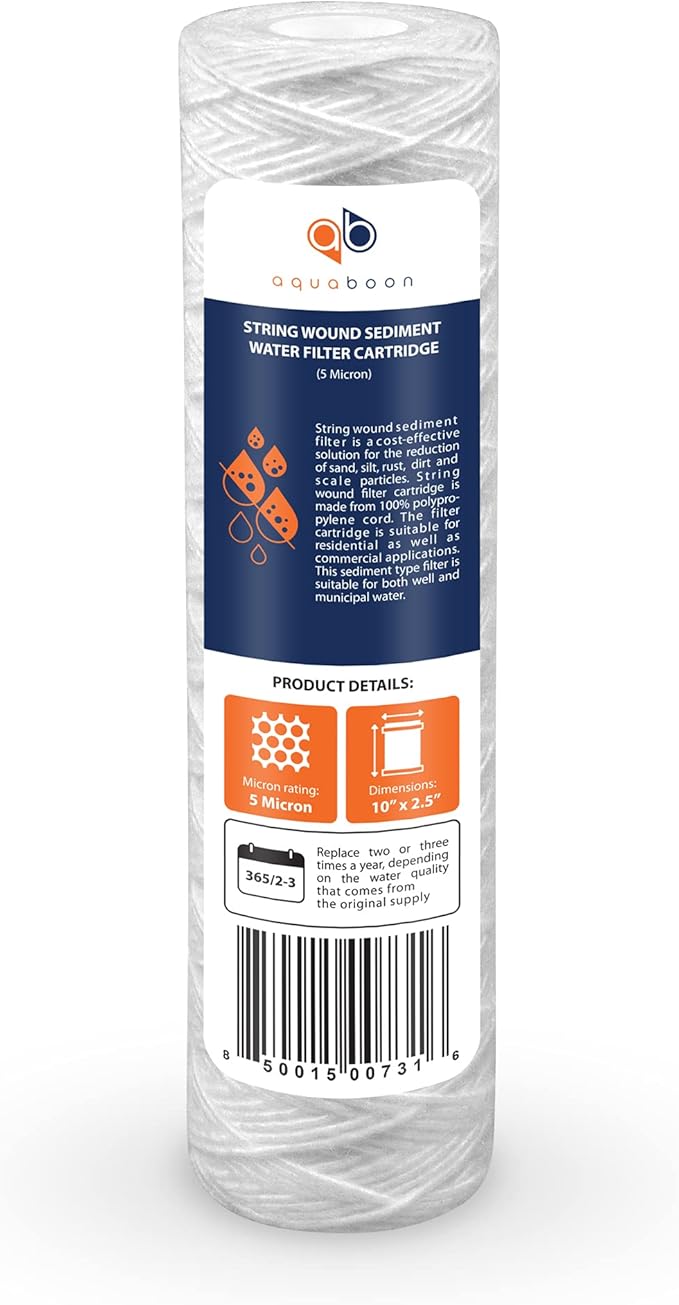 Aquaboon Whole House 5 Micron 10 x 2.5 String Wound Sediment Water Filter Cartridge Replacement Compatible with Well Water Filter WHKF-WHSW, 50-Pack