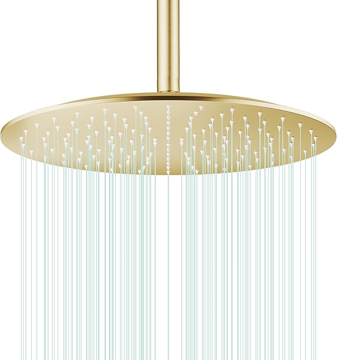 All Metal Rain Shower Head - Heavy Duty Stainless Steel, Easy Install, High Water Flow, Ultra-Thin Modern Design for Bathroom (F-Brushed Gold, 16)