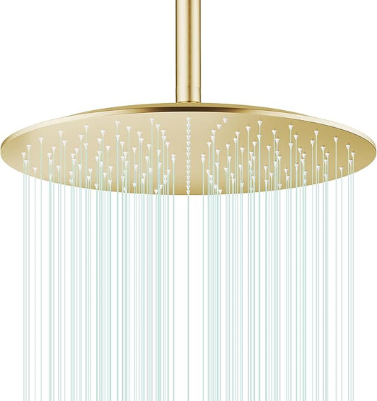 All Metal Rain Shower Head - Heavy Duty Stainless Steel, Easy Install, High Water Flow, Ultra-Thin Modern Design for Bathroom (F-Brushed Gold, 16)