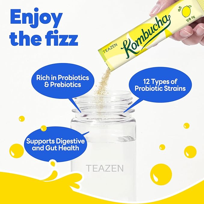 TEAZEN Kombucha Tea Tropical Zest Hydration Variety Pack - 20 Sticks, 5 Flavor (Lemon, Pineapple, Korean Plum, Shine Muscat, Green Mandarin-Lime)