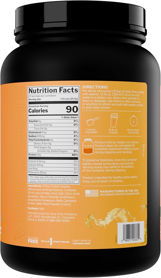 Rule 1 Clear Whey Isolate - 20g All-whey Isolate Protein, Over 9g EAAs, 300mg of Electrolyte Minerals, 90 Calories, Light, Crisp, and Refreshing Taste (27 Servings, Peach Mango)
