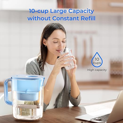 Waterdrop Water Filter Pitcher with 3 Filters, 200-Gallon Long-Life, 10-Cup Large Water Filter Pitcher, NSF Certified, 5X Times Lifetime, Reduces PFOA/PFOS, Chlorine, Blue